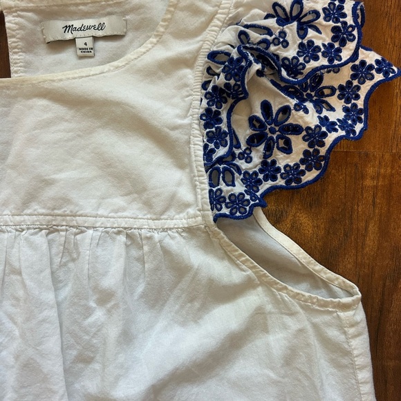 Madewell Women’s Size 4 White Shirt with Blue Embroidery on Sleeve Summer - Picture 9 of 11